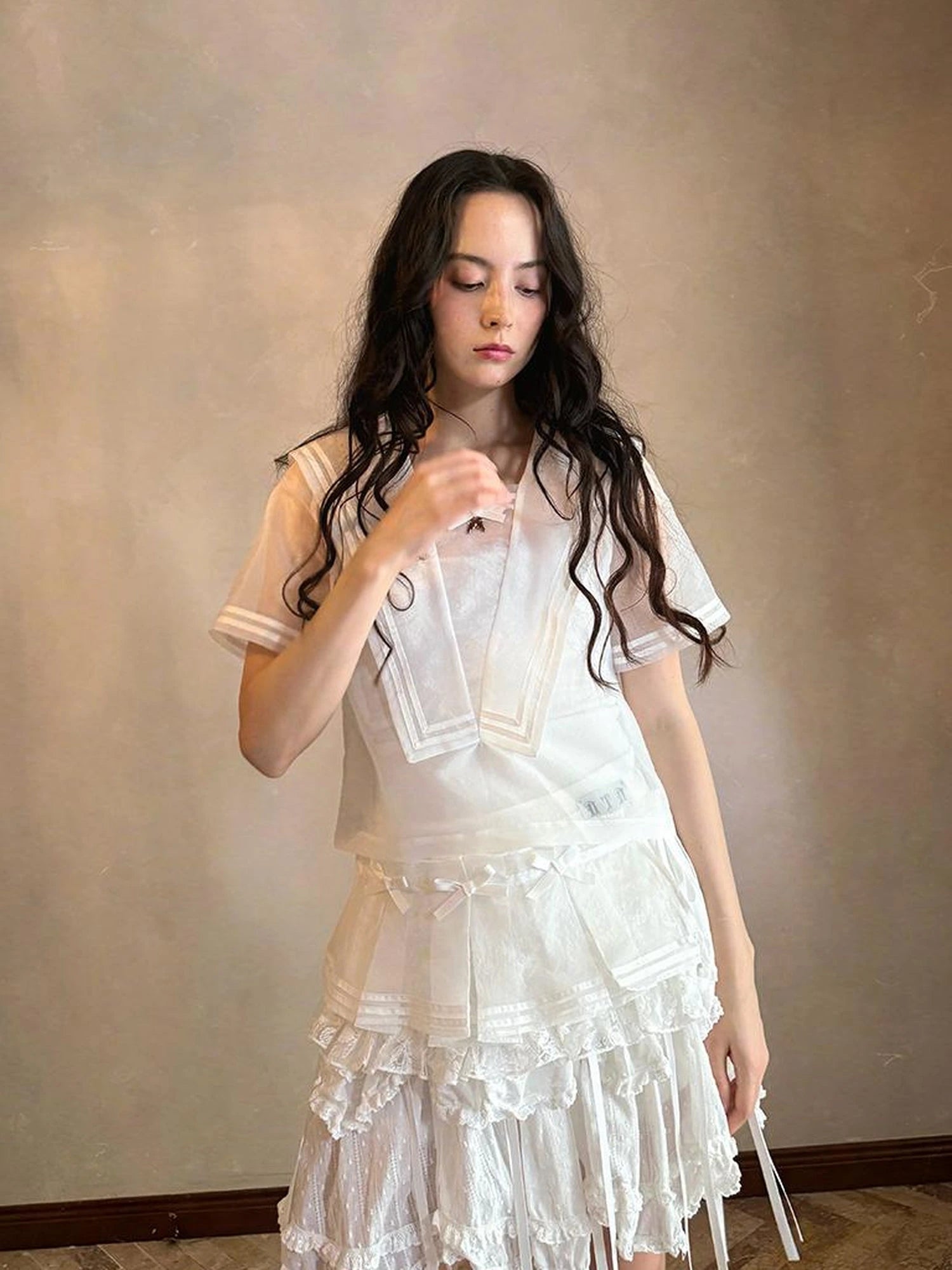 Sailor Collar Bow Wing Short Sleeve Shirt