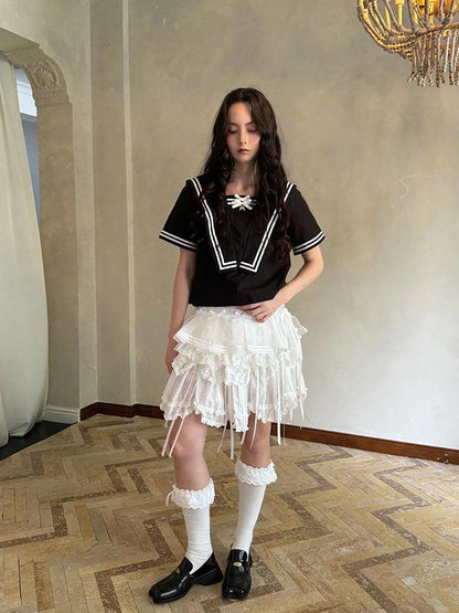 Sailor Collar Bow Wing Short Sleeve Shirt