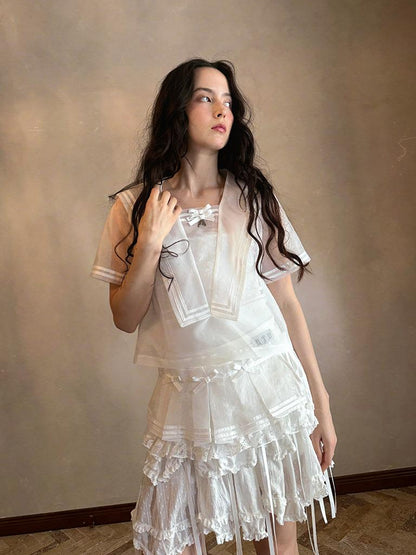 Daytoday Sailor Collar Bow Wing Short Sleeve Shirt