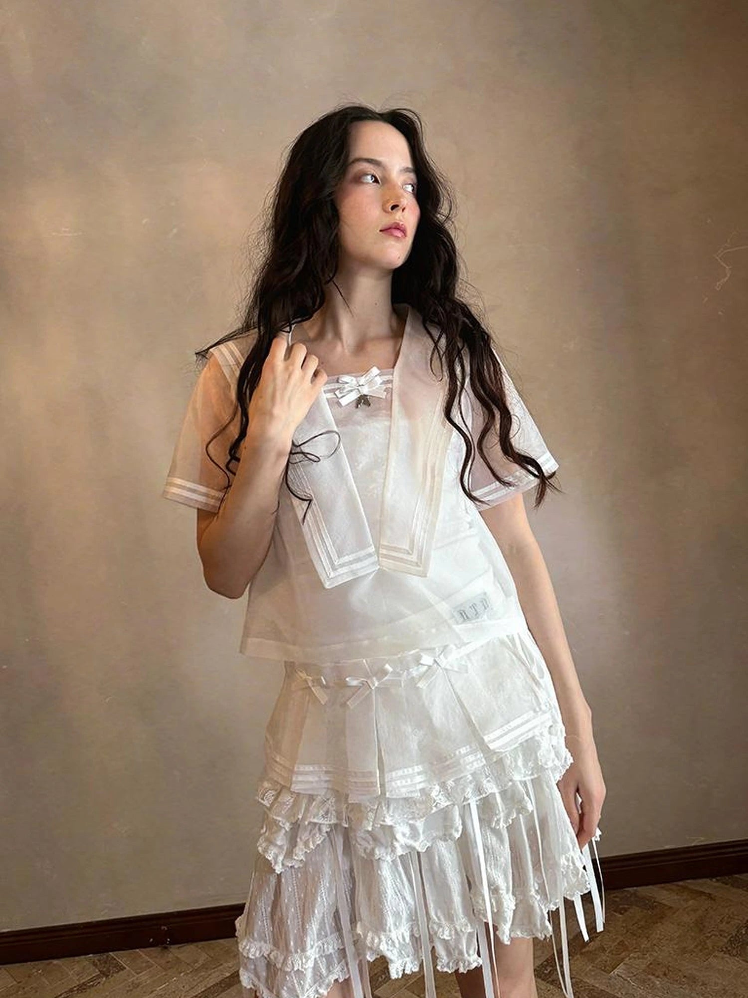 Sailor Collar Bow Wing Short Sleeve Shirt