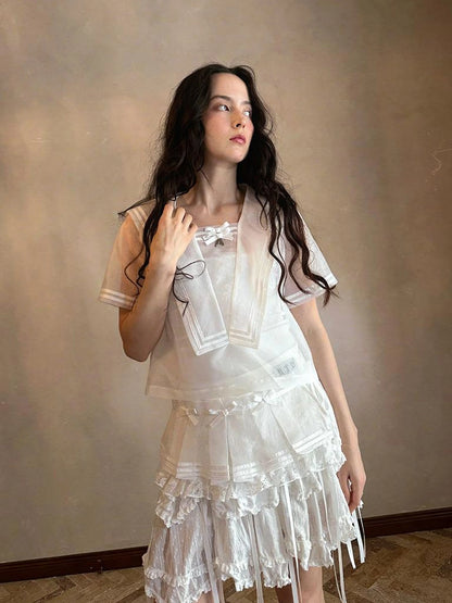 Sailor Collar Bow Wing Short Sleeve Shirt