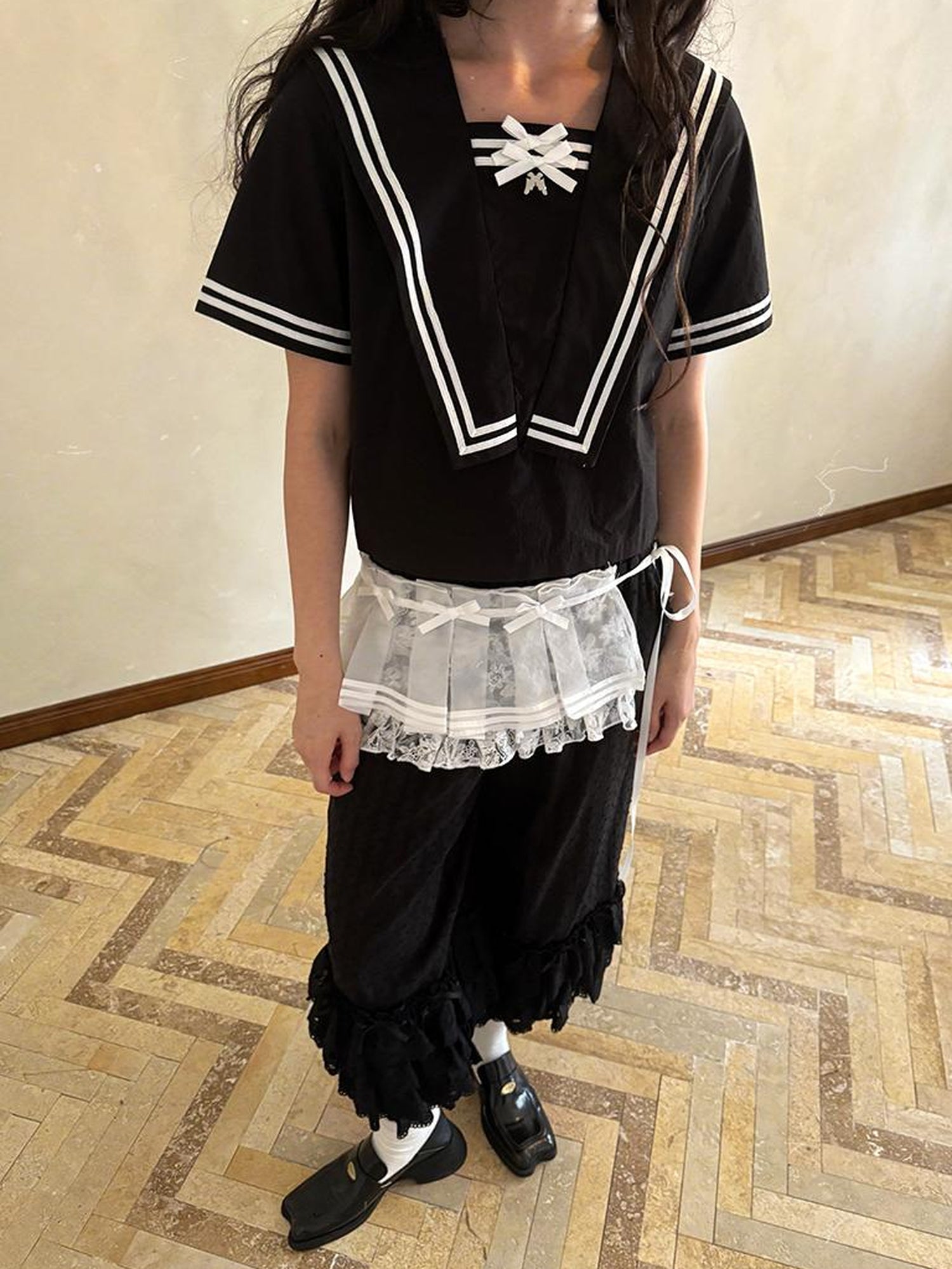 Daytoday Sailor Collar Bow Wing Short Sleeve Shirt