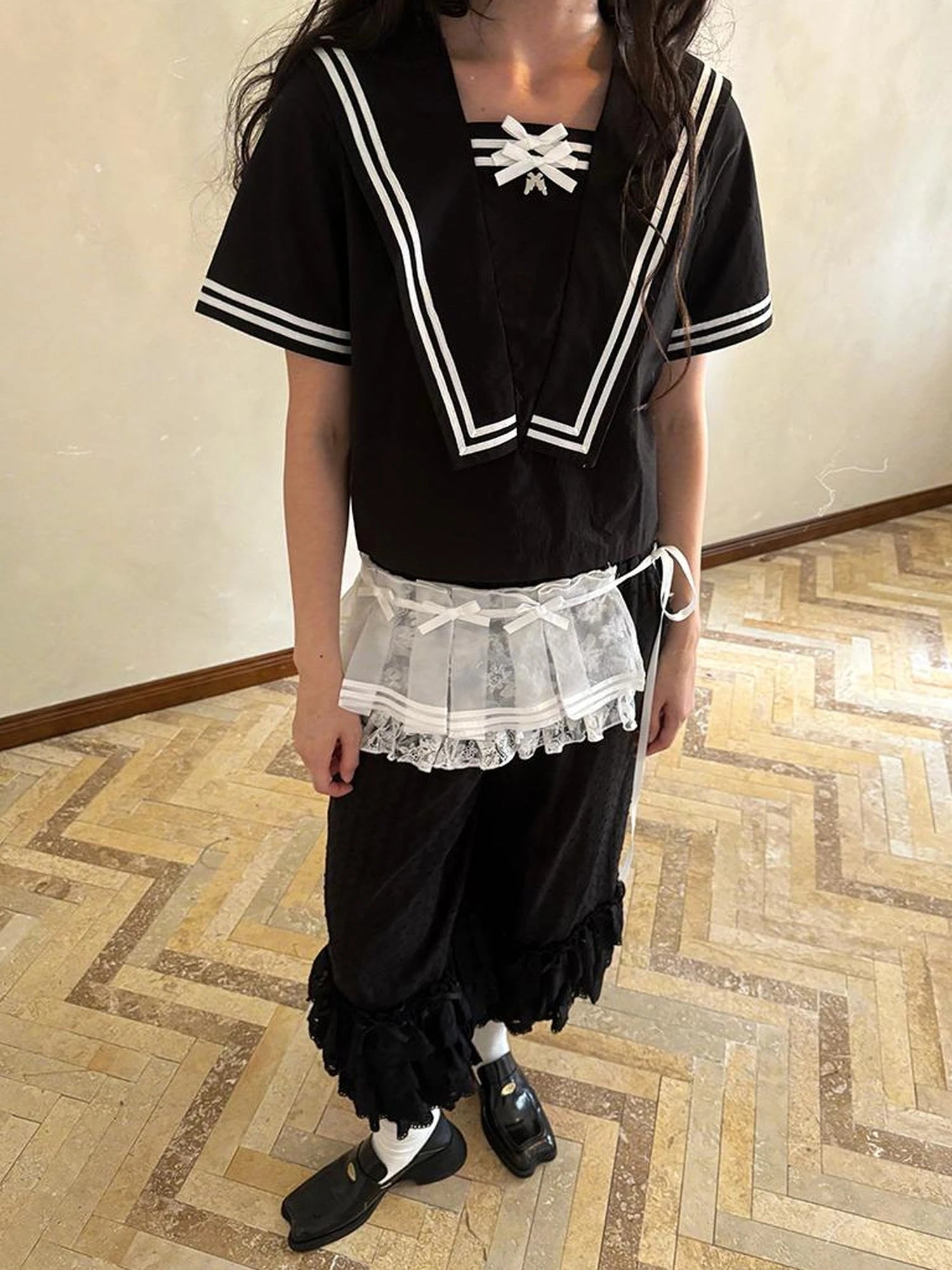 Sailor Collar Bow Wing Short Sleeve Shirt