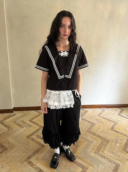 Sailor Collar Bow Wing Short Sleeve Shirt