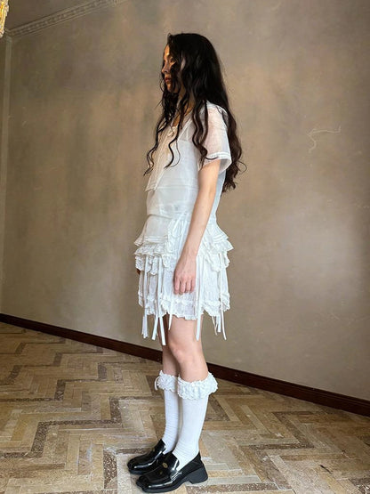 Sailor Collar Bow Wing Short Sleeve Shirt