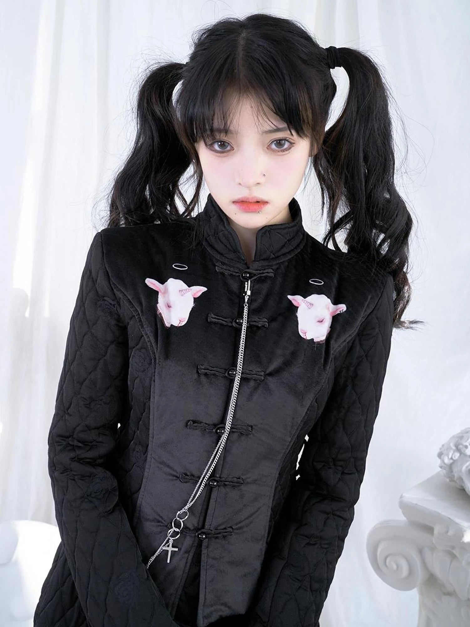 Sheep Print Floral Qipao Cotton Coat