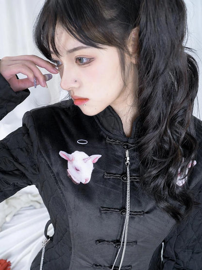Sheep Print Floral Qipao Cotton Coat