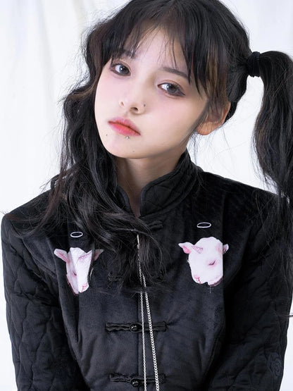 Sheep Print Floral Qipao Cotton Coat