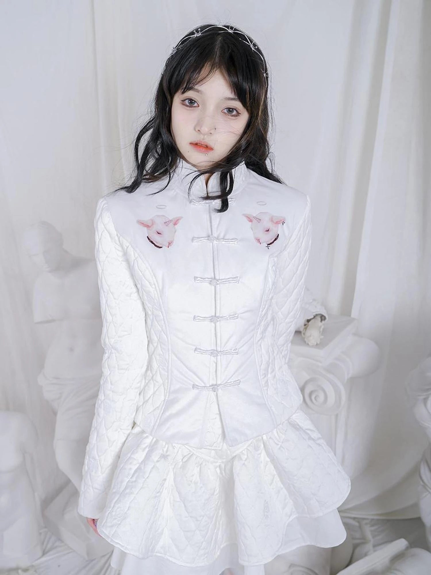 Sheep Print Floral Qipao Cotton Coat