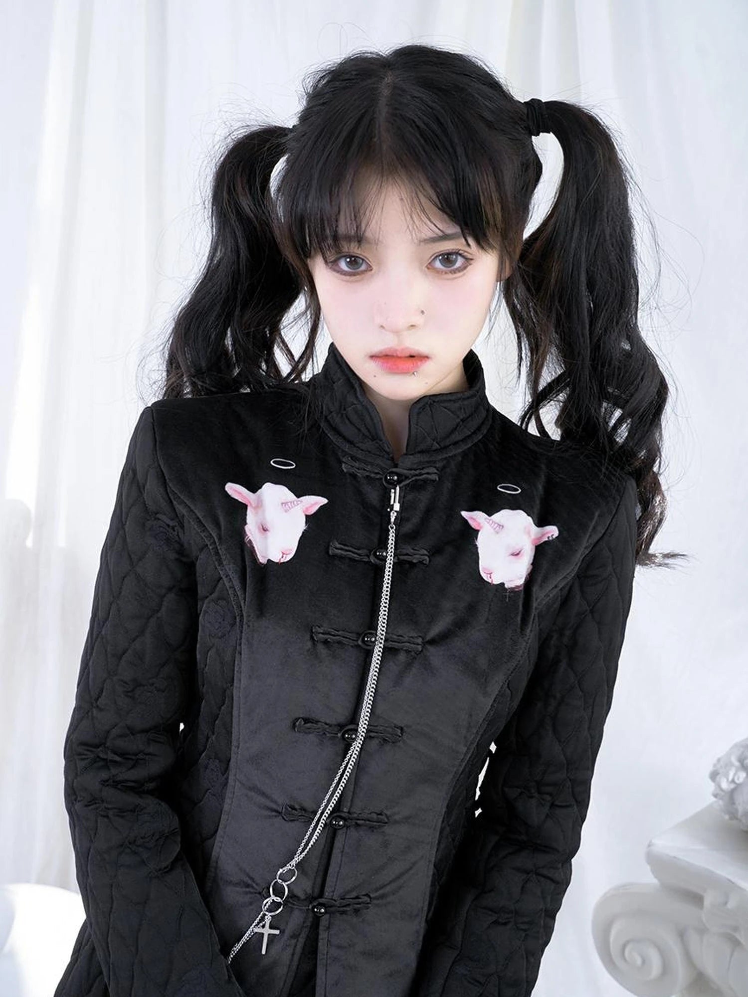 Sheep Print Floral Qipao Cotton Coat