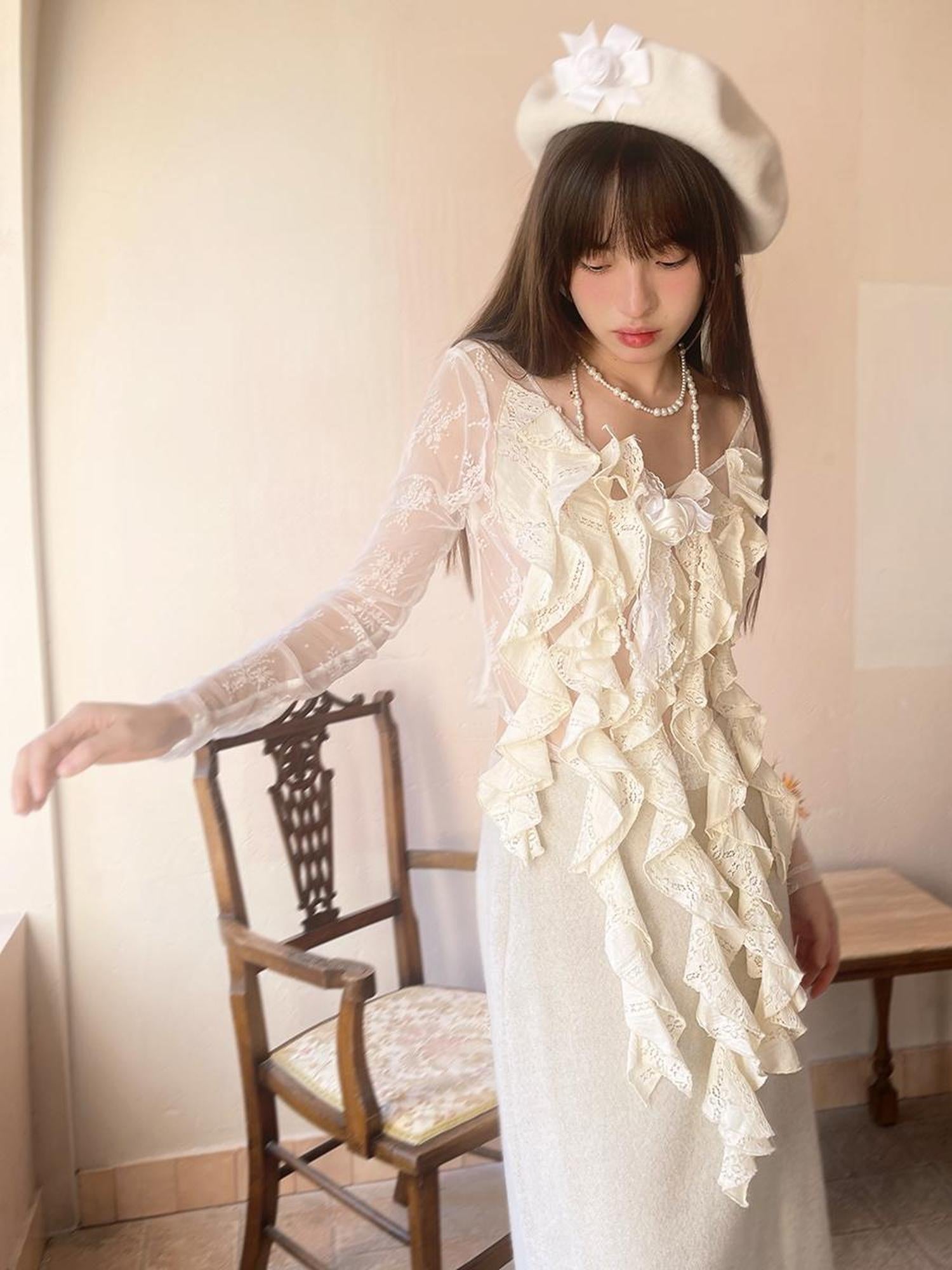 Daytoday Sheer Lace Long Sleeve Blouse With Asymmetric Hem