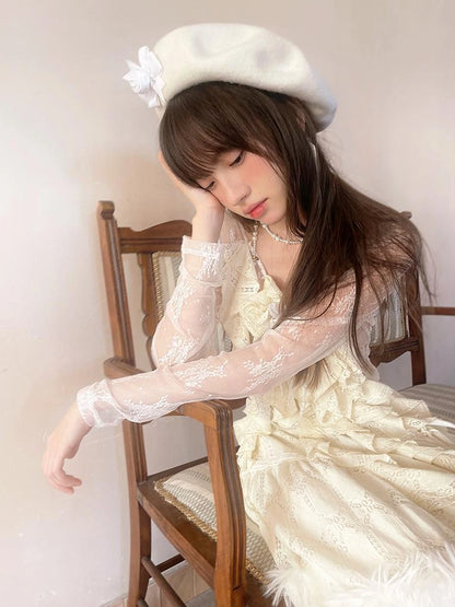 Sheer Lace Long Sleeve Blouse With Asymmetric Hem