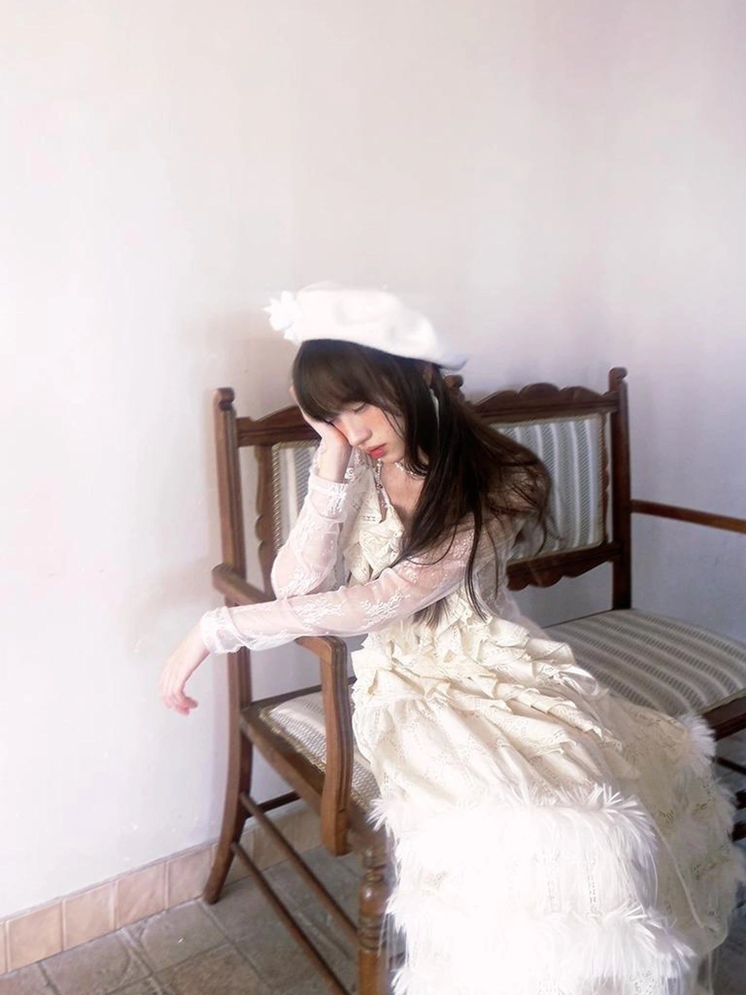 Sheer Lace Long Sleeve Blouse With Asymmetric Hem