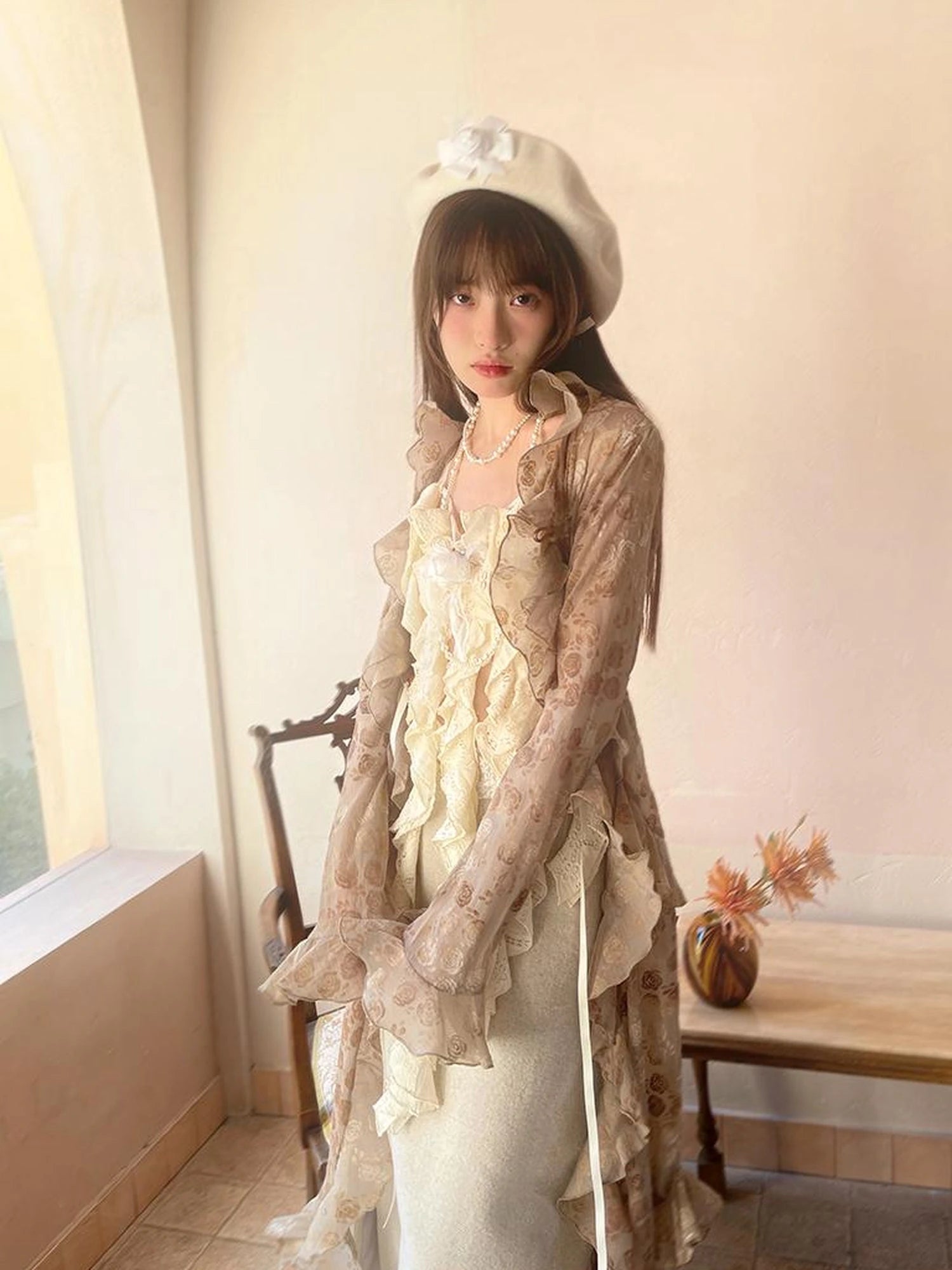 Sheer Lace Long Sleeve Blouse With Asymmetric Hem