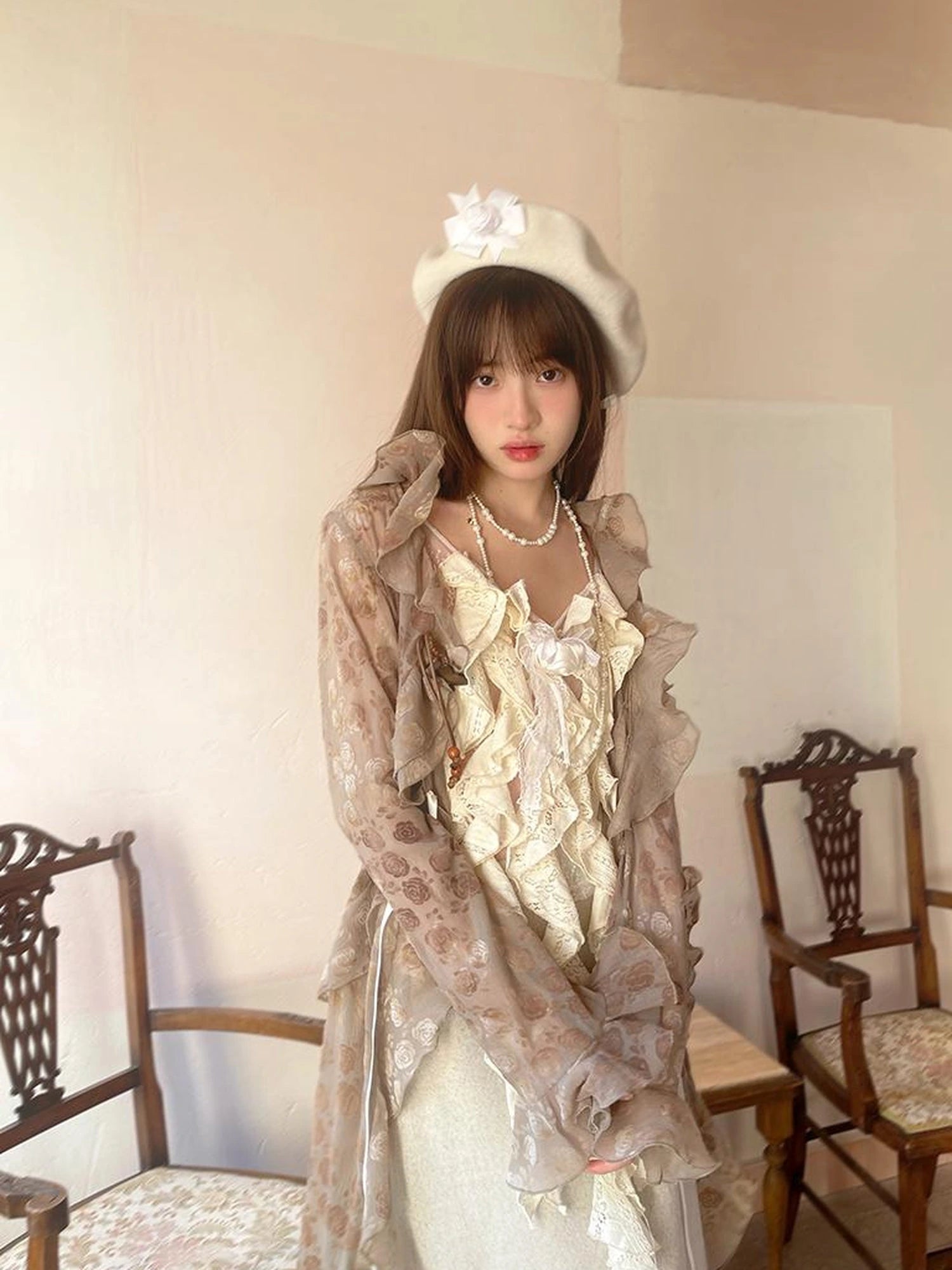 Sheer Lace Long Sleeve Blouse With Asymmetric Hem