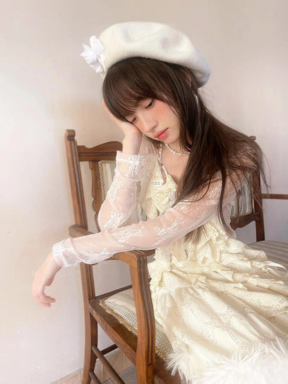 Sheer Lace Long Sleeve Blouse With Asymmetric Hem