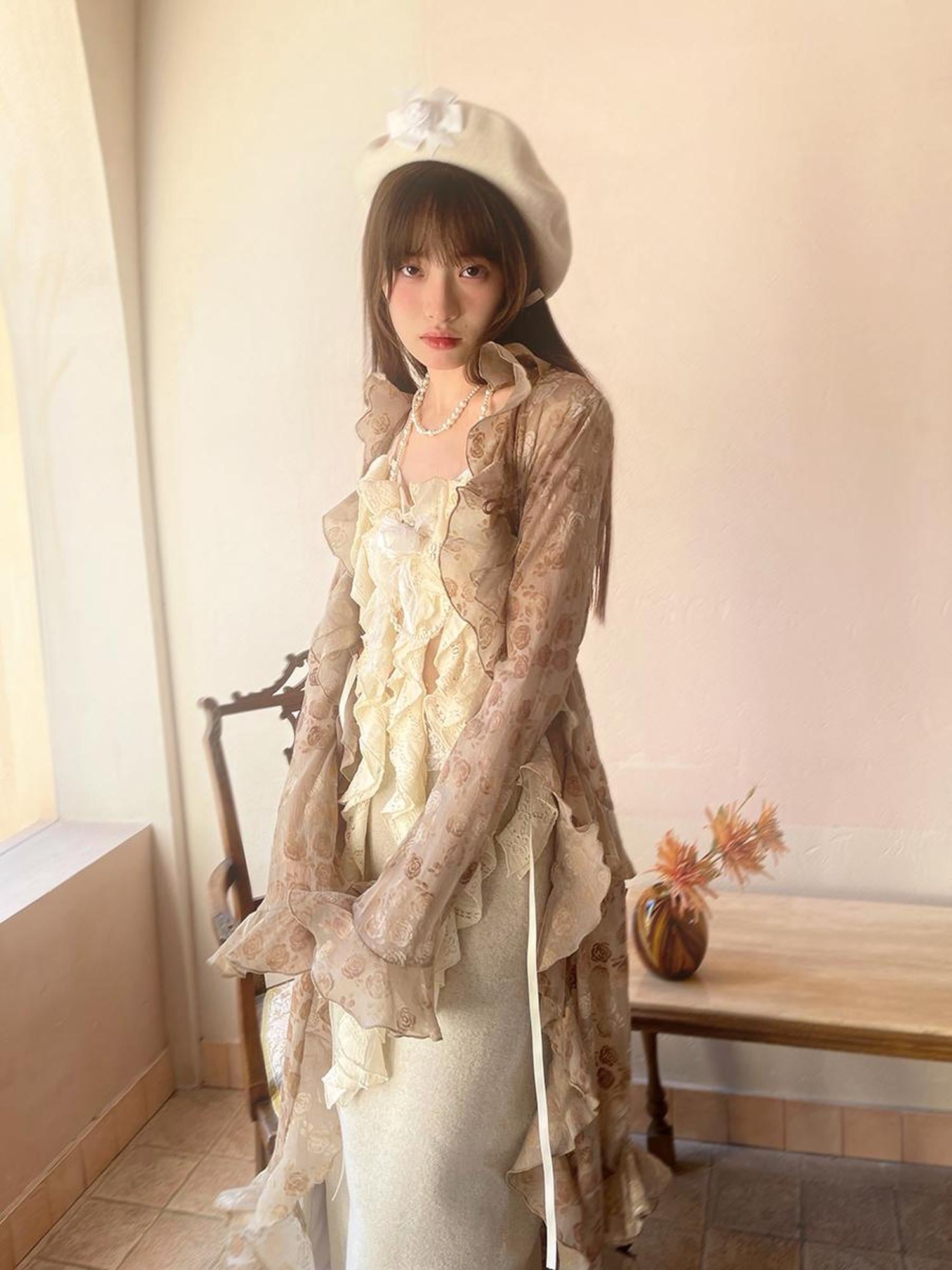 Daytoday Sheer Lace Long Sleeve Blouse With Asymmetric Hem