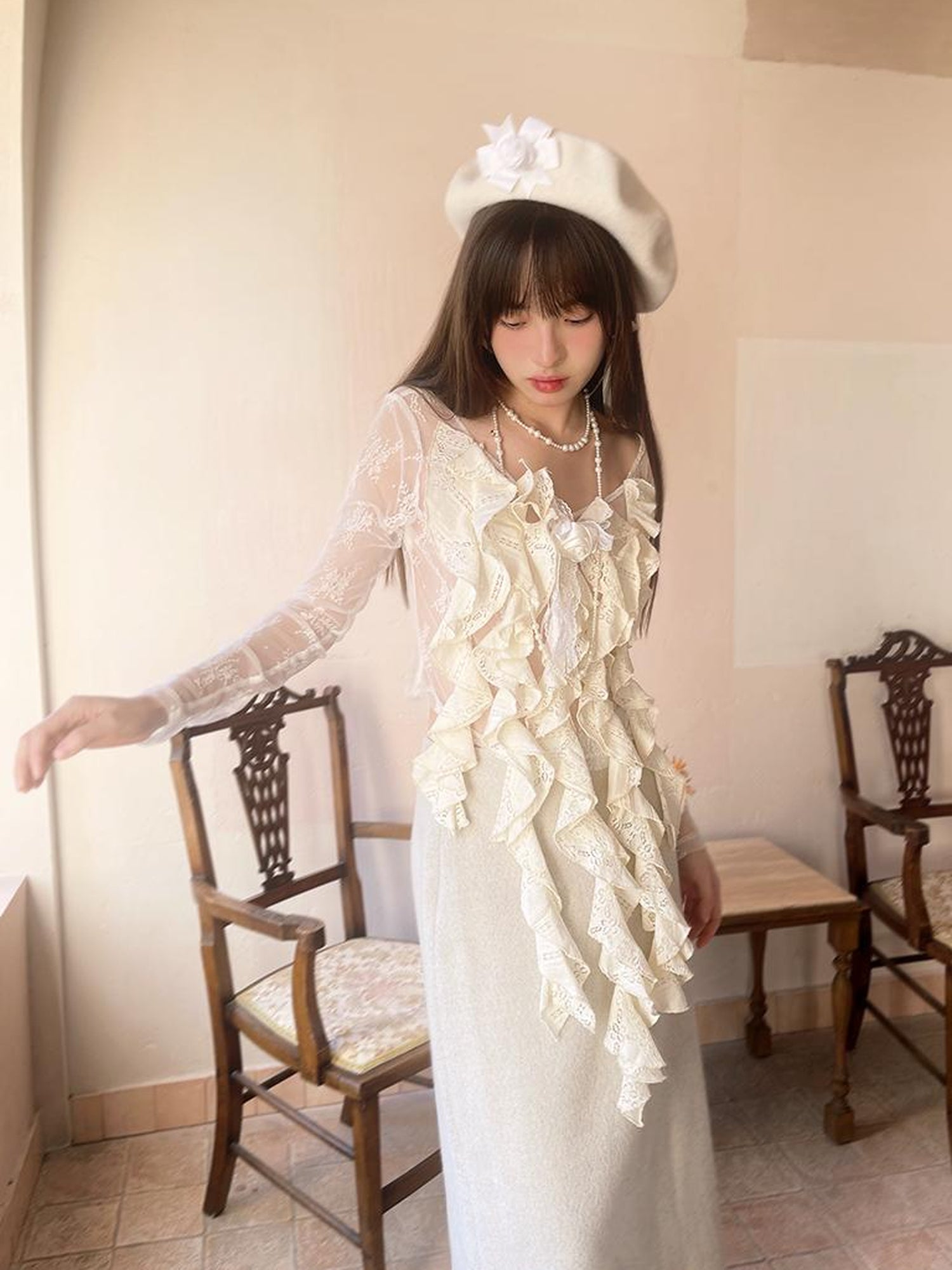 Daytoday Sheer Lace Long Sleeve Blouse With Asymmetric Hem