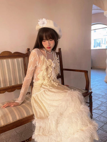 Sheer Lace Long Sleeve Blouse With Asymmetric Hem