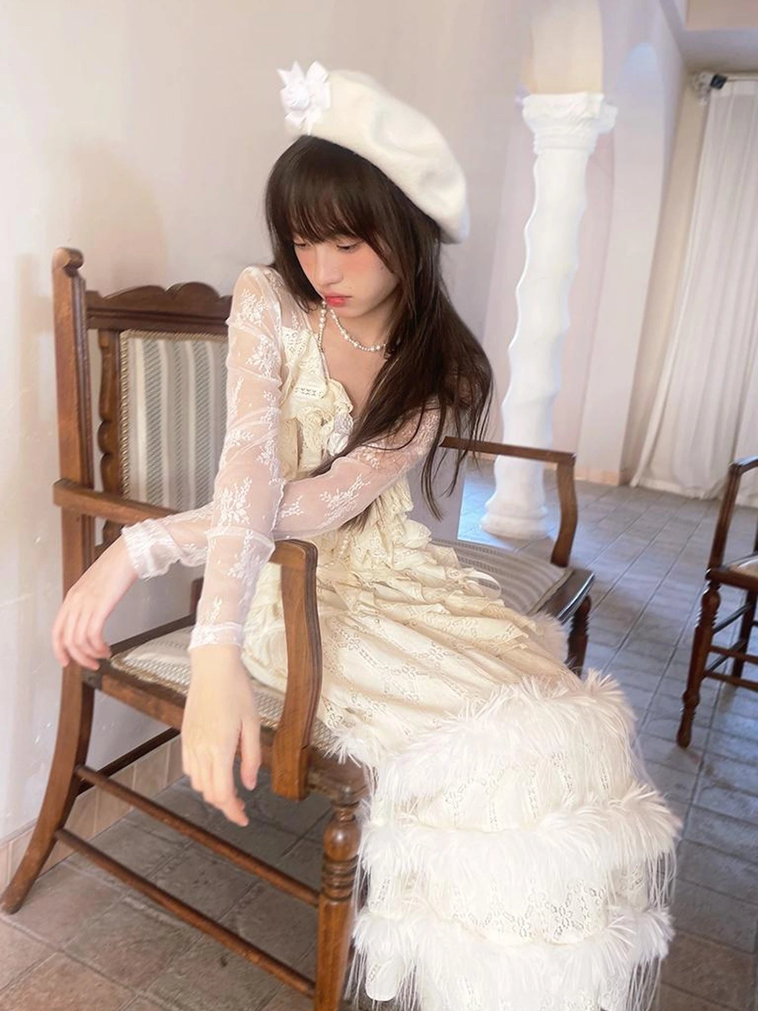 Sheer Lace Long Sleeve Blouse With Asymmetric Hem