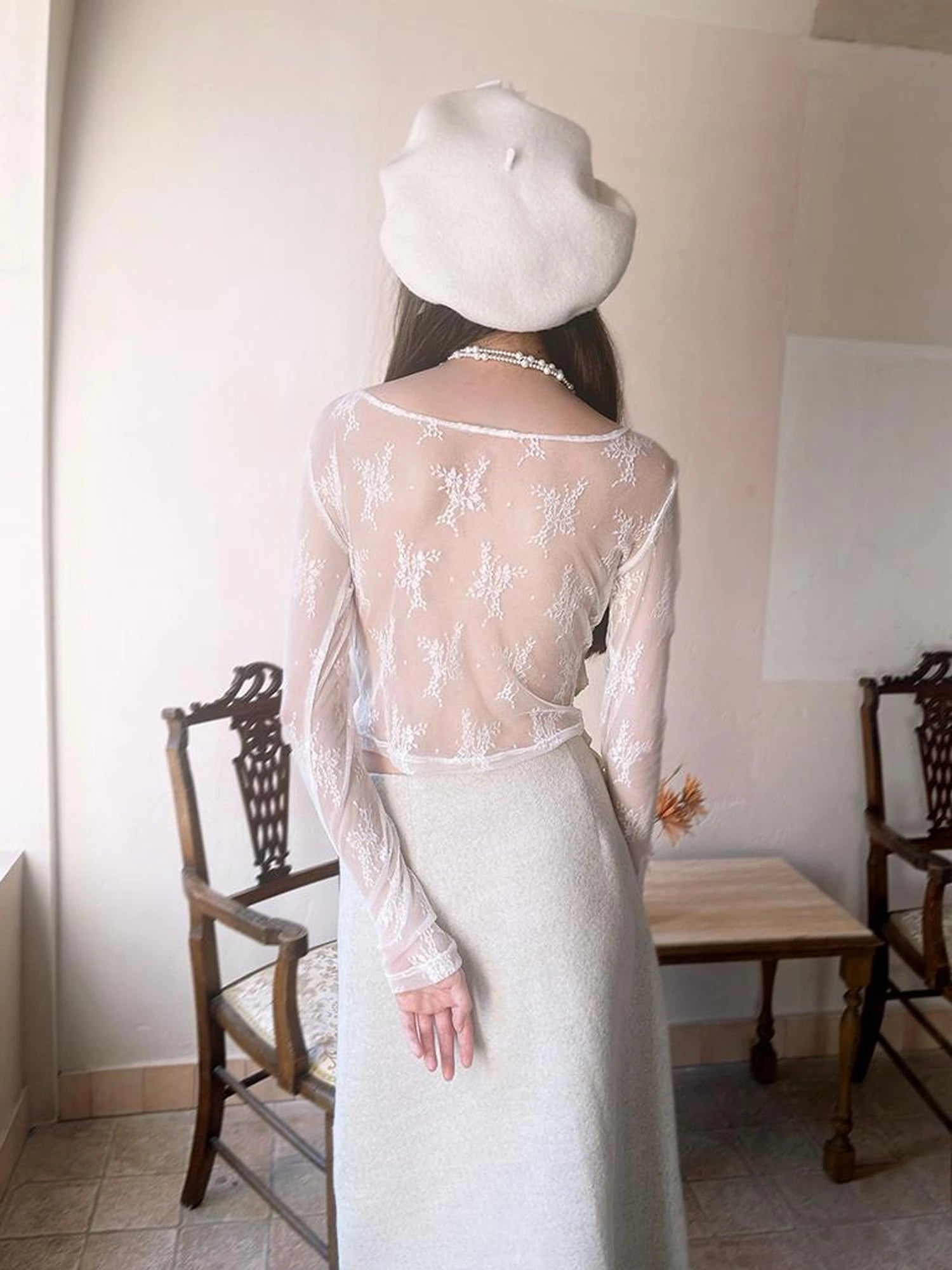 Sheer Lace Long Sleeve Blouse With Asymmetric Hem