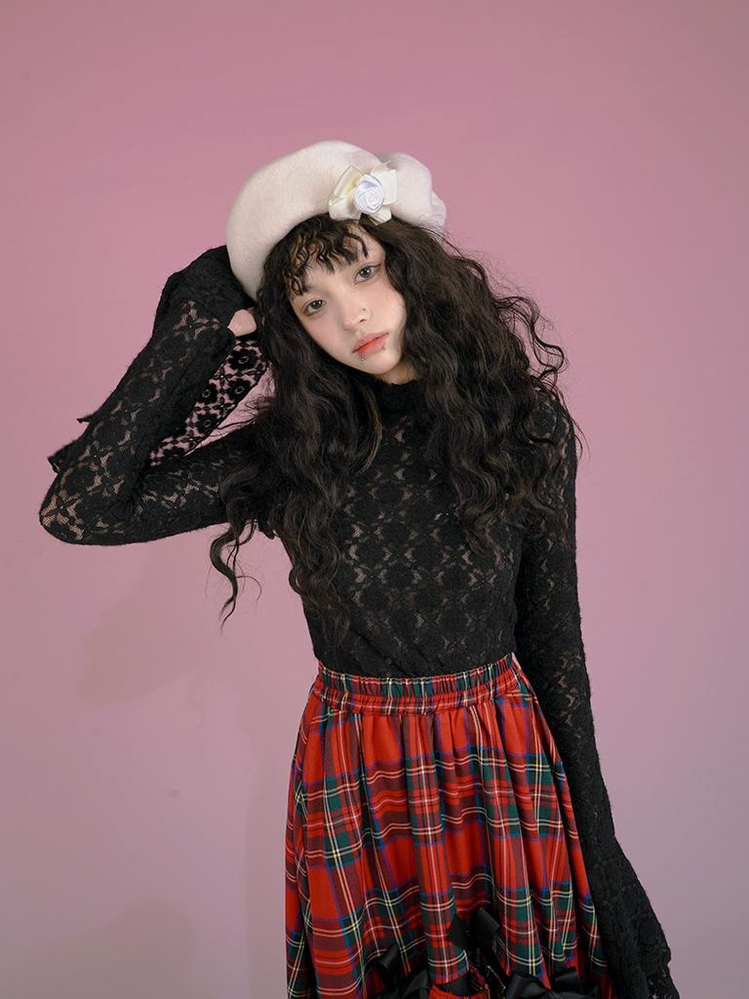 Daytoday Snow Country Lace Jacquard Fluffy Long Sleeve High Neck Top