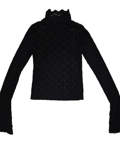 Daytoday Snow Country Lace Jacquard Fluffy Long Sleeve High Neck Top
