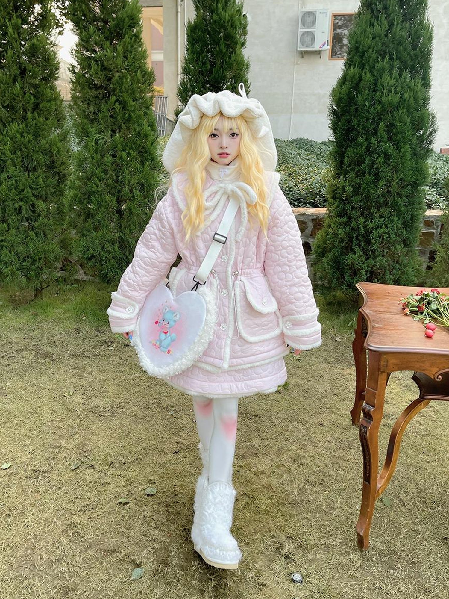 Daytoday Snowy Floral Puff Coat V Neck T Shirt Long Sleeve