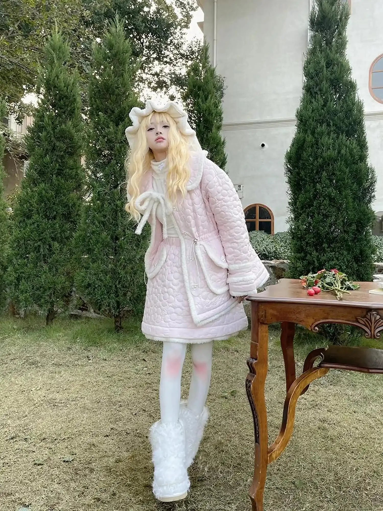 Snowy Floral Puff Coat V Neck T Shirt Long Sleeve