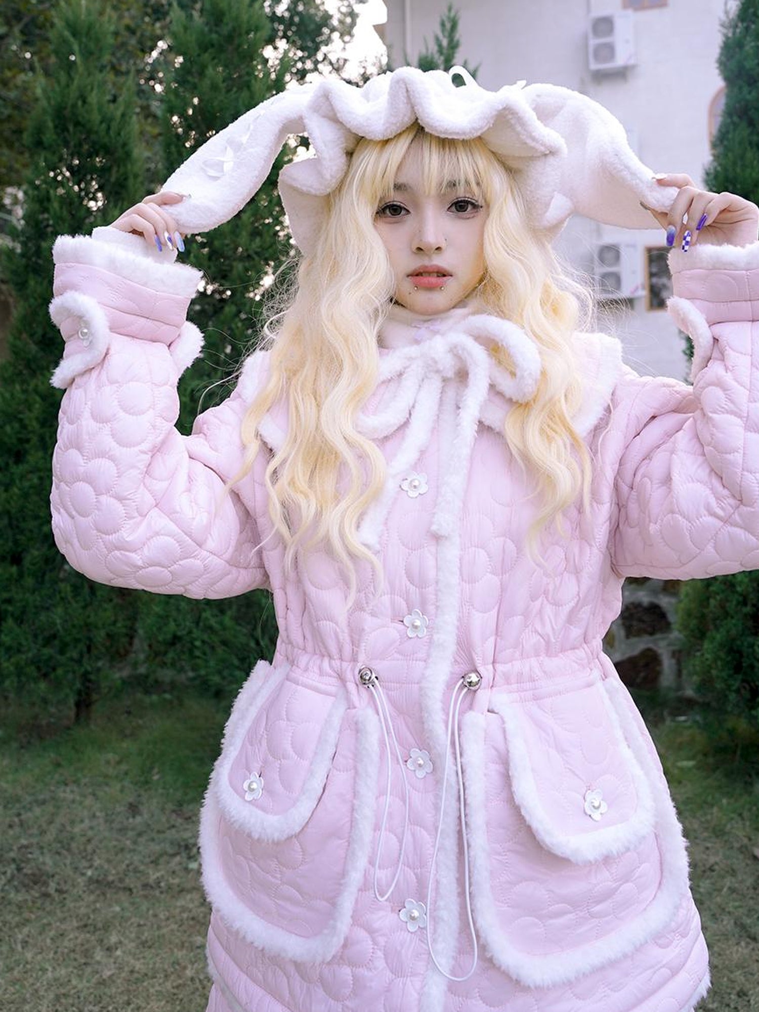 Daytoday Snowy Floral Puff Coat V Neck T Shirt Long Sleeve