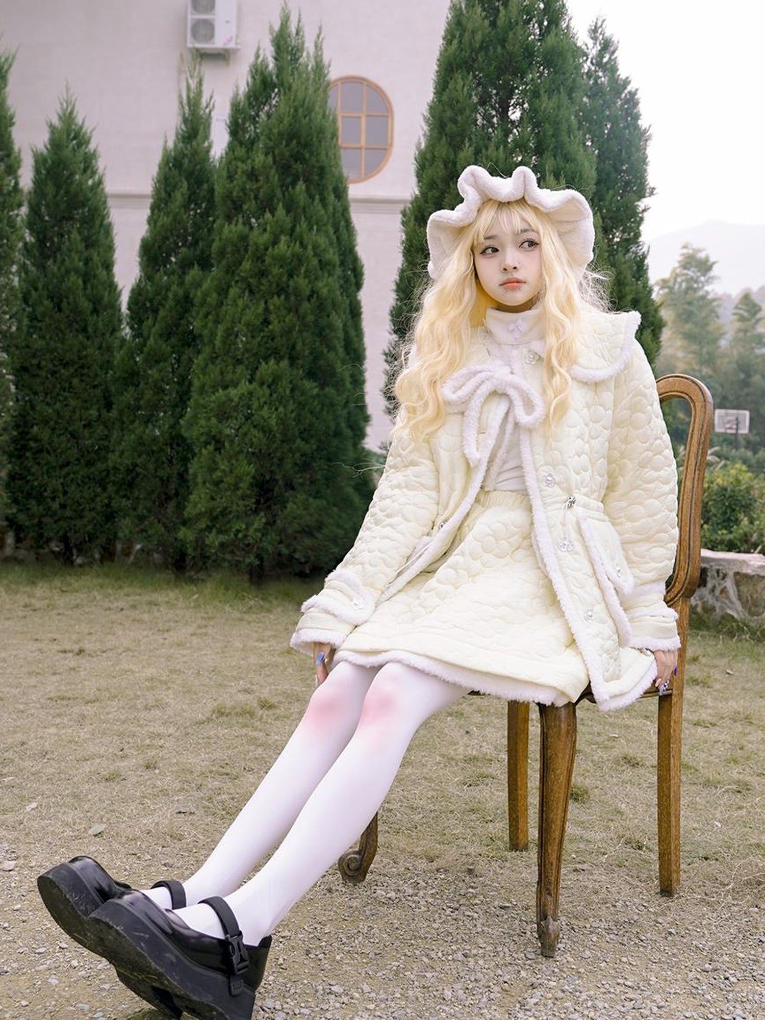 Daytoday Snowy Floral Puff Coat V Neck T Shirt Long Sleeve