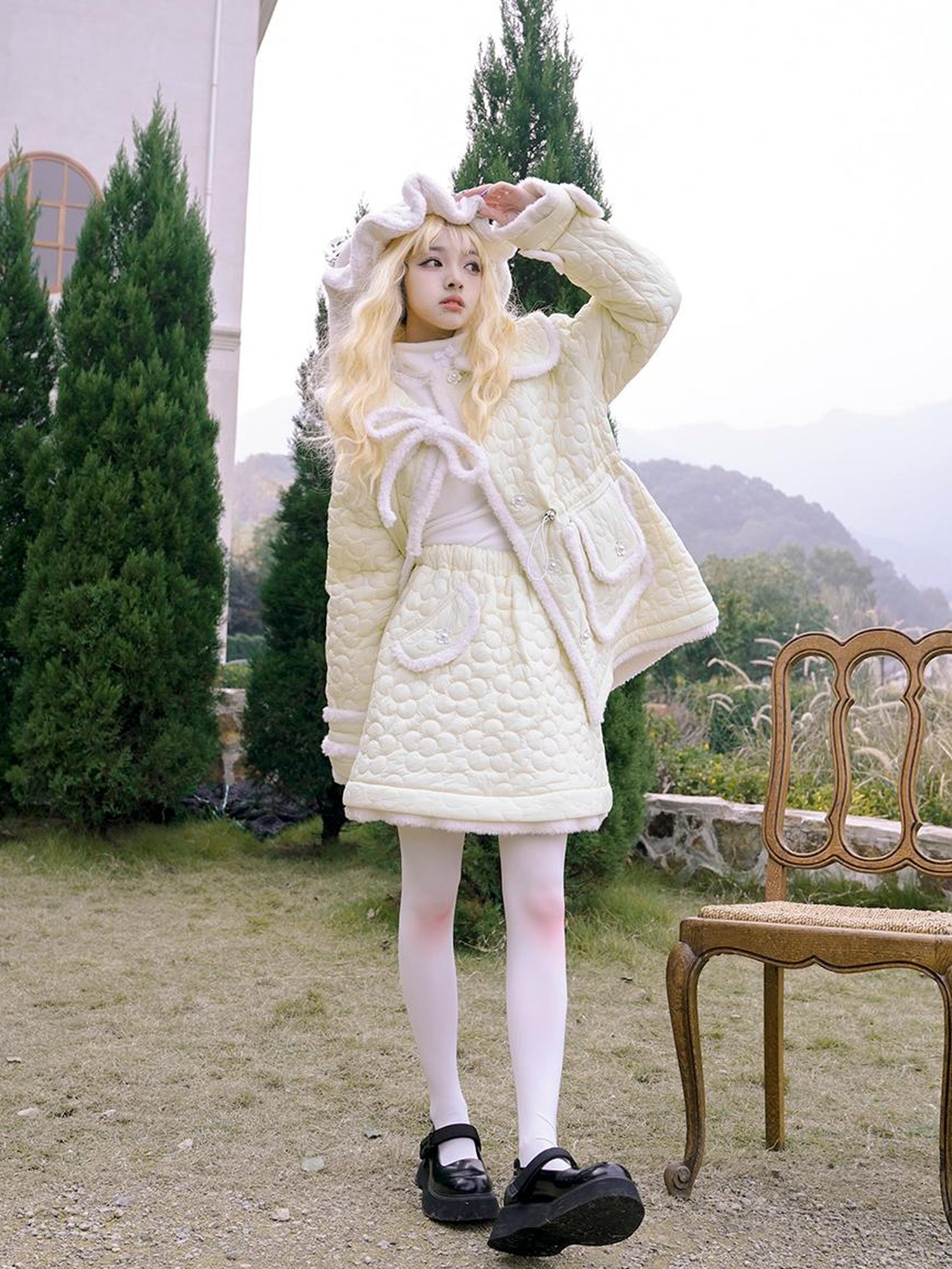 Daytoday Snowy Floral Puff Coat V Neck T Shirt Long Sleeve