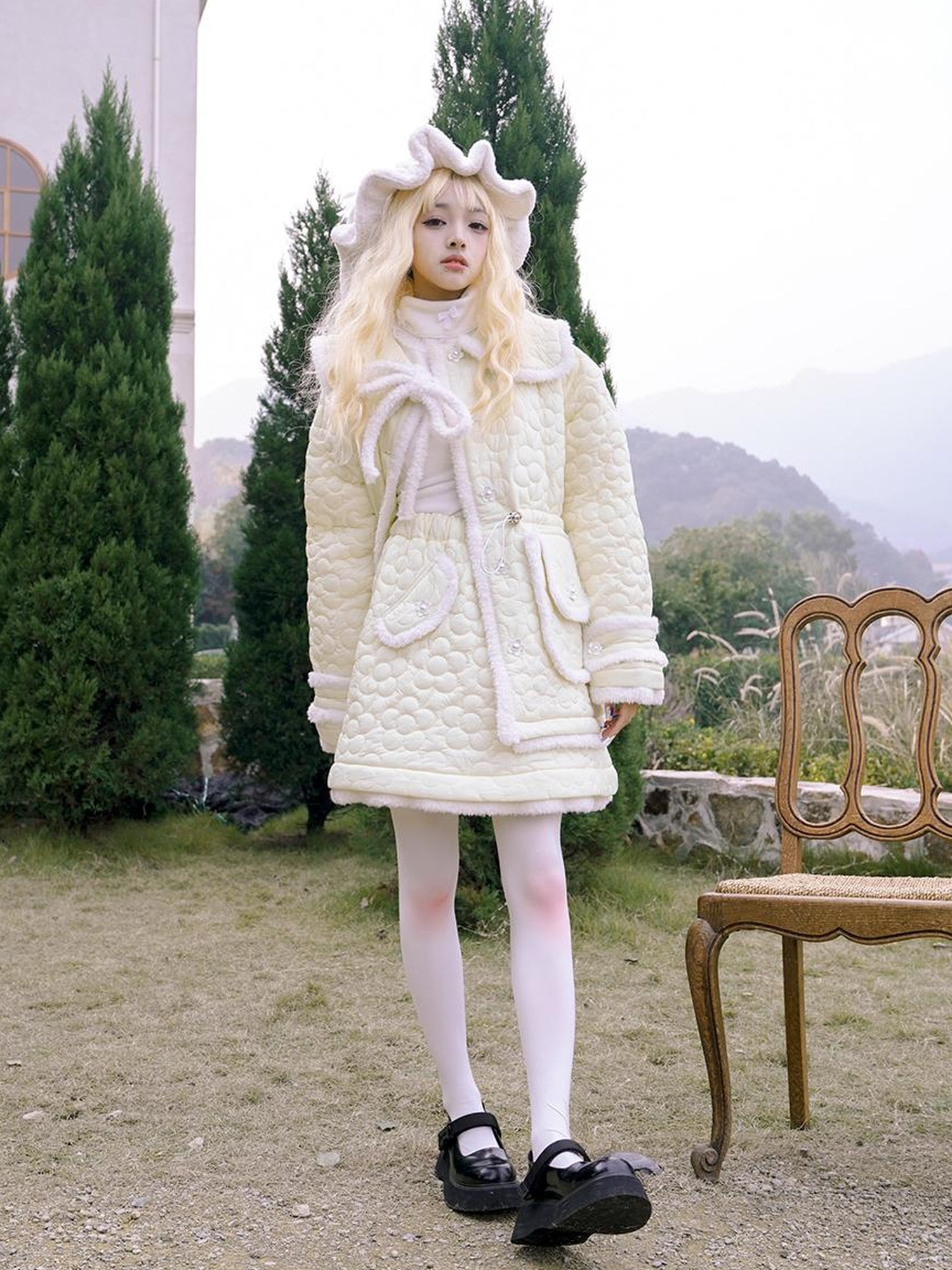 Daytoday Snowy Floral Puff Coat V Neck T Shirt Long Sleeve
