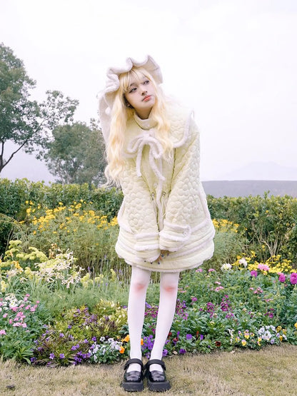 Snowy Floral Puff Coat V Neck T Shirt Long Sleeve