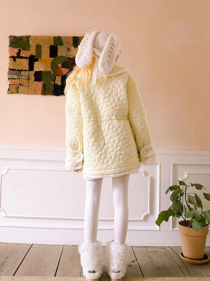 Snowy Floral Puff Coat V Neck T Shirt Long Sleeve