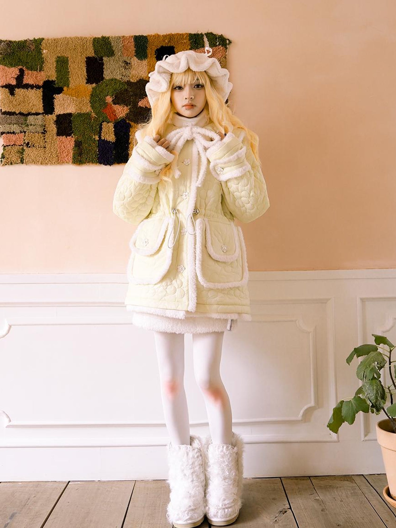 Daytoday Snowy Floral Puff Coat V Neck T Shirt Long Sleeve