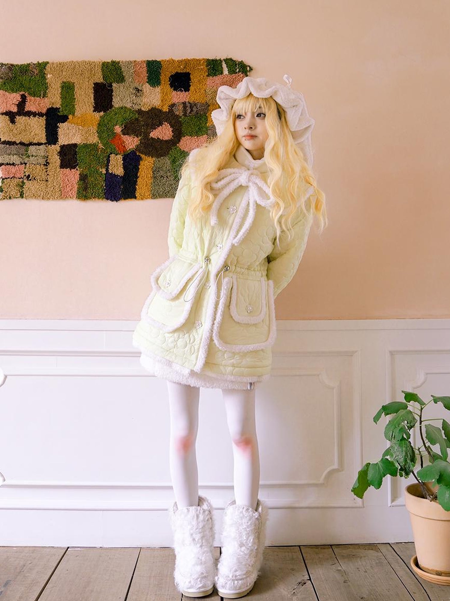 Daytoday Snowy Floral Puff Coat V Neck T Shirt Long Sleeve