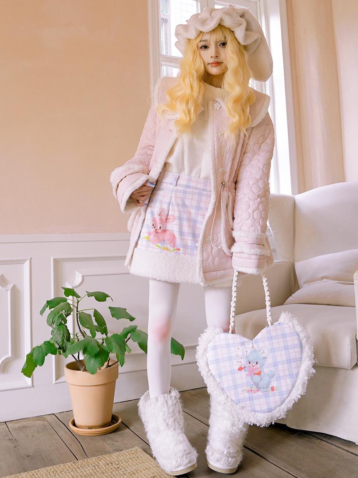 Daytoday Snowy Floral Puff Coat V Neck T Shirt Long Sleeve