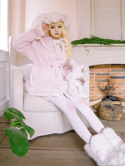 Daytoday Snowy Floral Puff Coat V Neck T Shirt Long Sleeve
