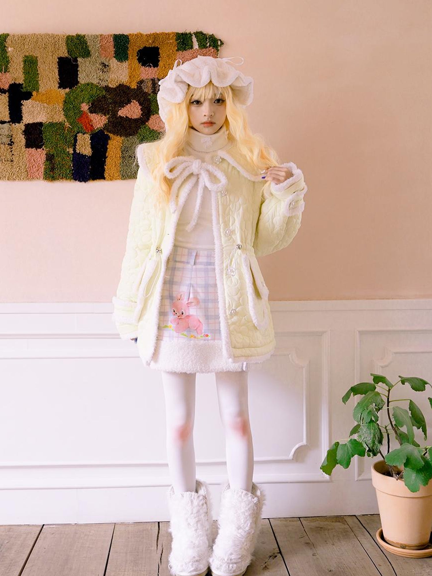 Daytoday Snowy Floral Puff Coat V Neck T Shirt Long Sleeve