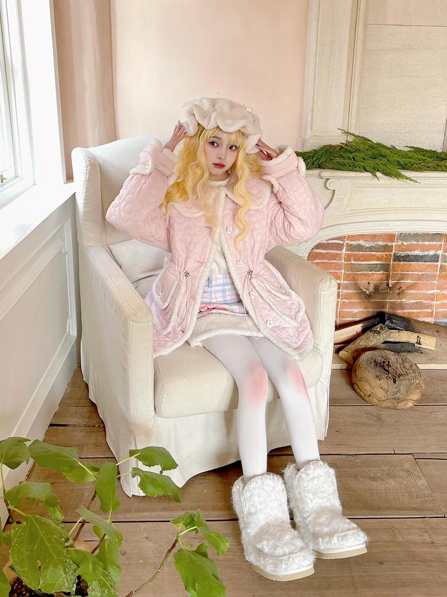 Daytoday Snowy Floral Puff Coat V Neck T Shirt Long Sleeve