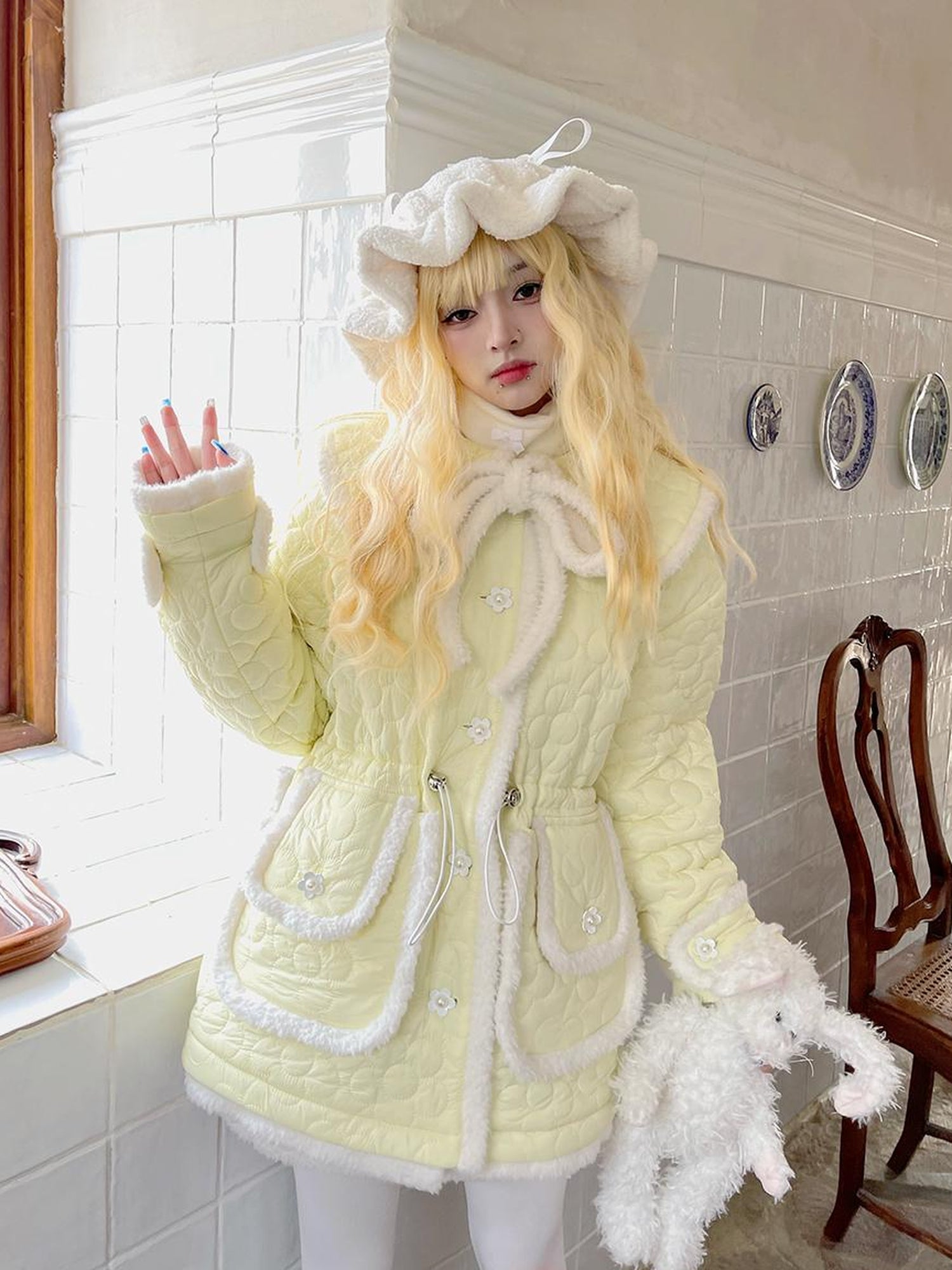 Daytoday Snowy Floral Puff Coat V Neck T Shirt Long Sleeve