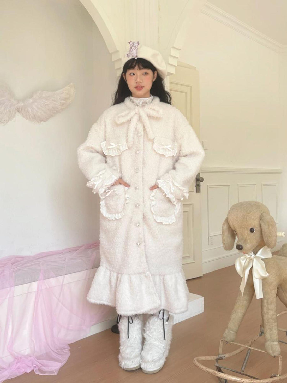 Daytoday Soft Plush Long Bow Tie Warm Coat