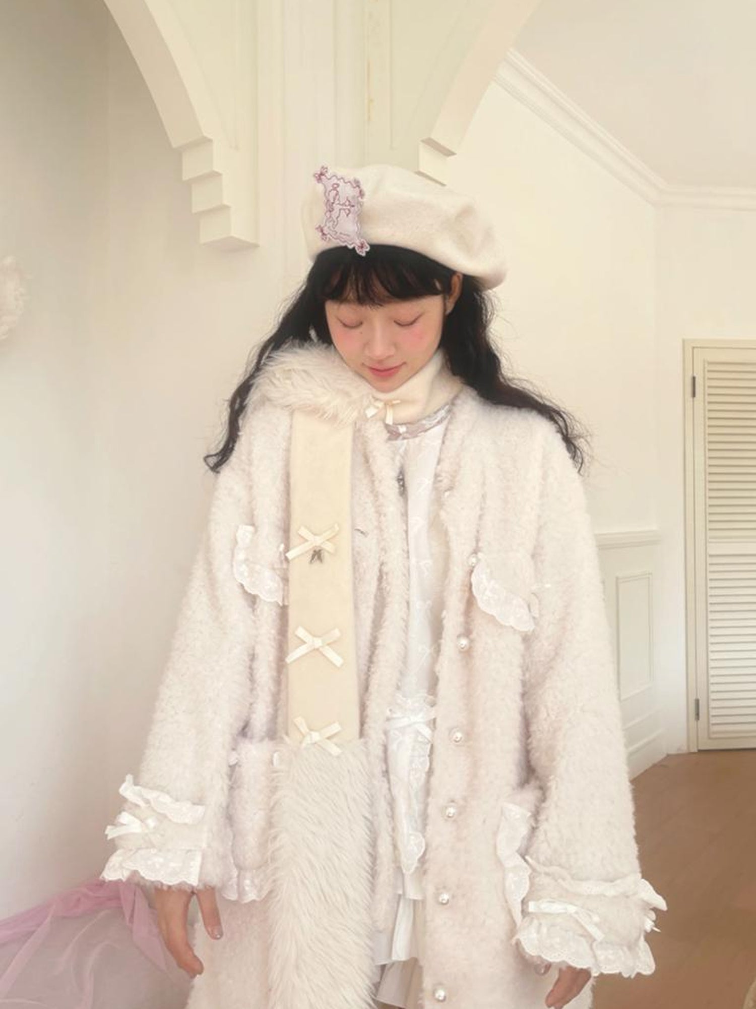 Daytoday Soft Plush Long Bow Tie Warm Coat