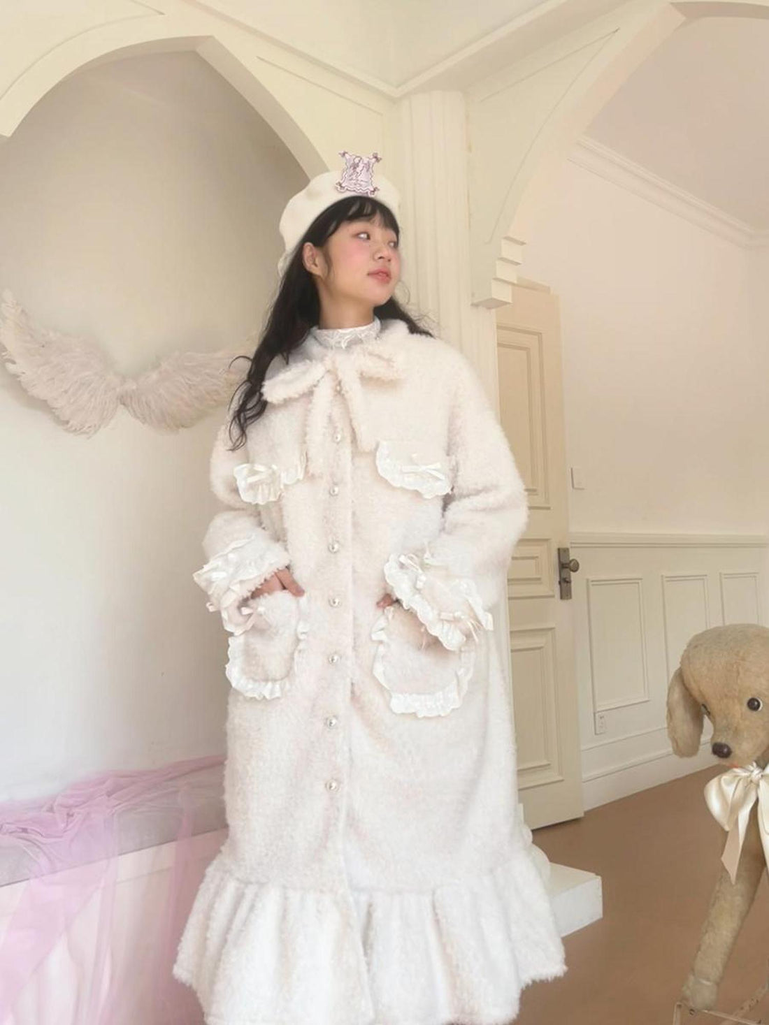 Daytoday Soft Plush Long Bow Tie Warm Coat