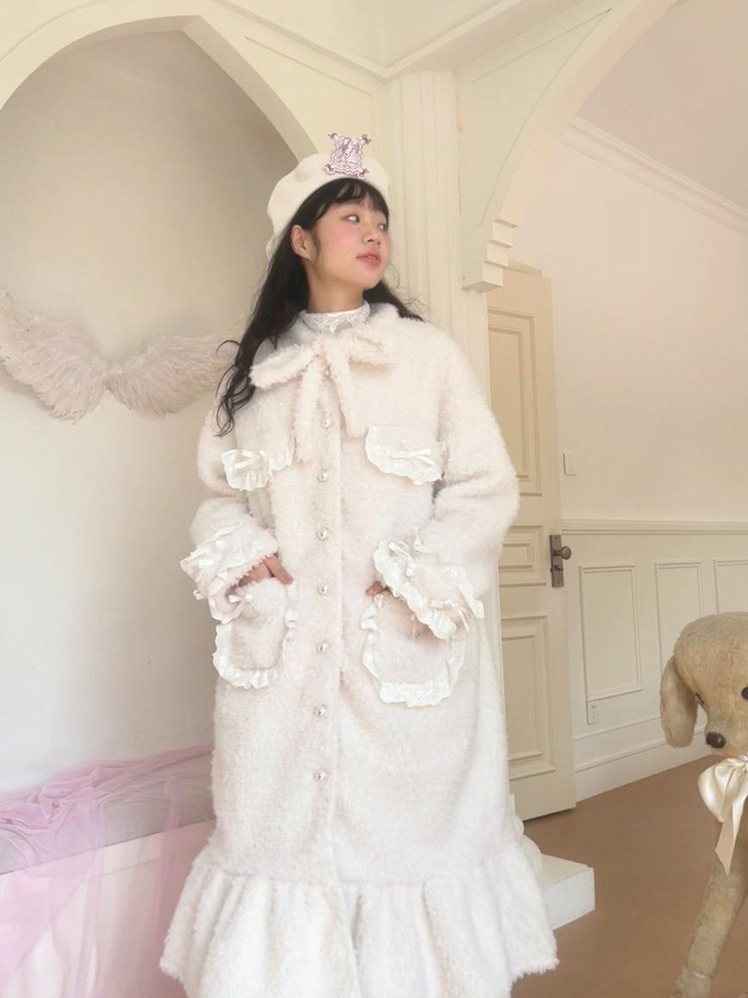 Daytoday Soft Plush Long Bow Tie Warm Coat