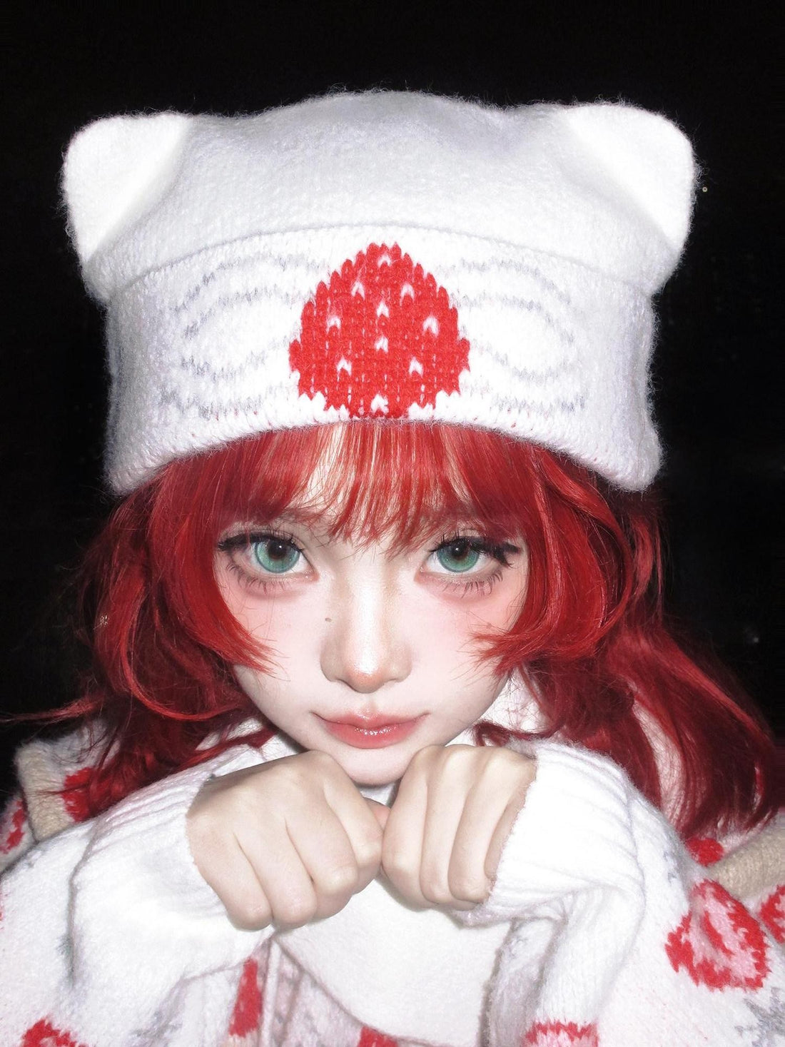 Daytoday Strawberry Cake Jacquard Foldable Cat Ear Knitted Women&