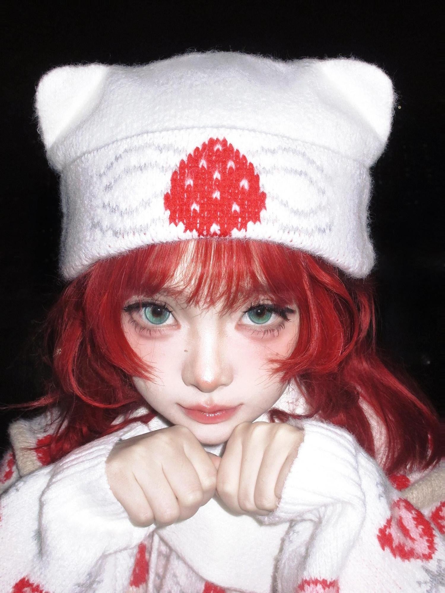 Daytoday Strawberry Cake Jacquard Foldable Cat Ear Knitted Women&