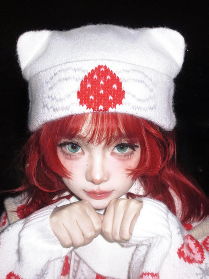 Daytoday Strawberry Cake Jacquard Foldable Cat Ear Knitted Women&