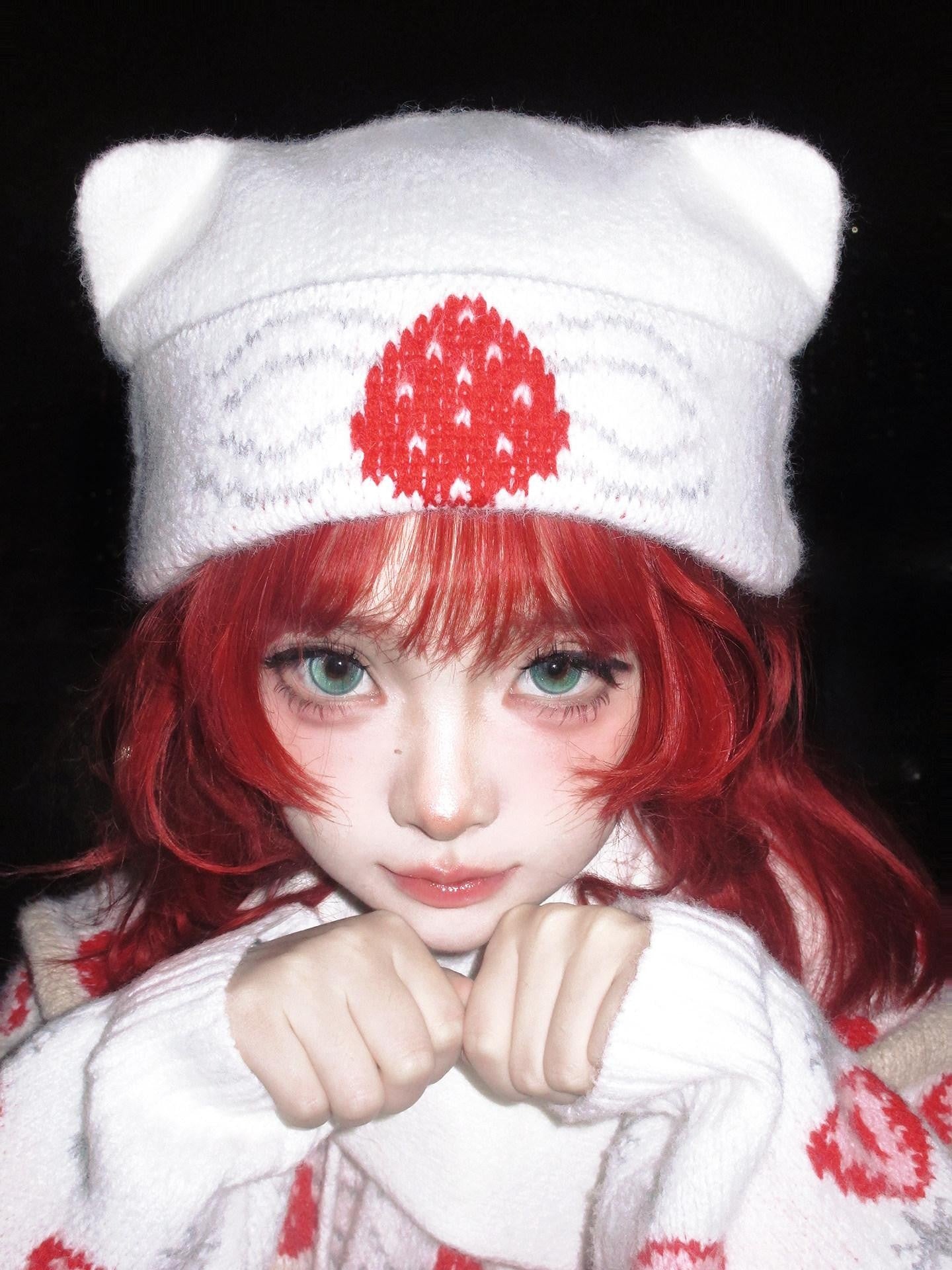 Daytoday Strawberry Cake Jacquard Foldable Cat Ear Knitted Women&